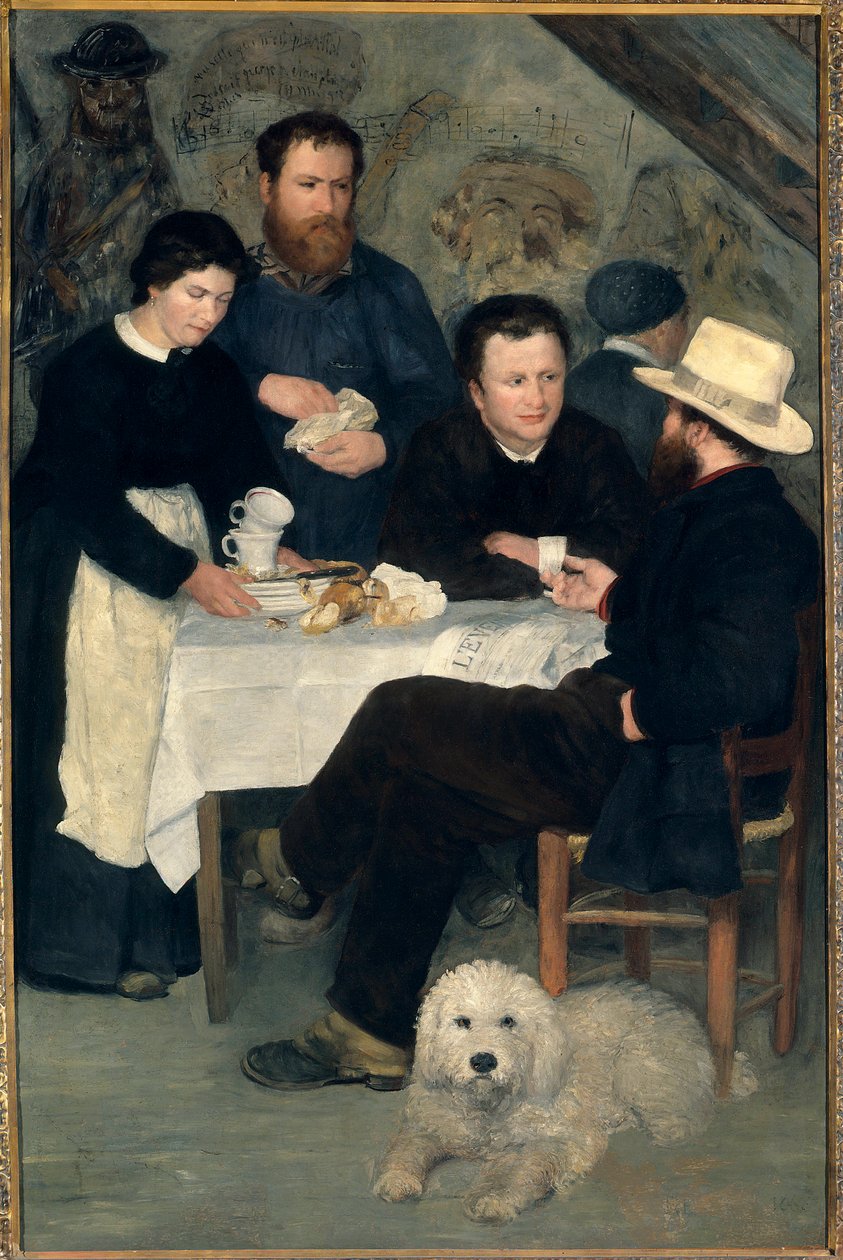Chez la Mere Antony a Marlotte (Bourron-Marlotte (77)): Claude Monet, Alfred Sisley a Charles Le Coeur u stolu s Mere Anthonym, obraz Pierra Auguste Renoira (1841-1919) od Pierre Auguste Renoir