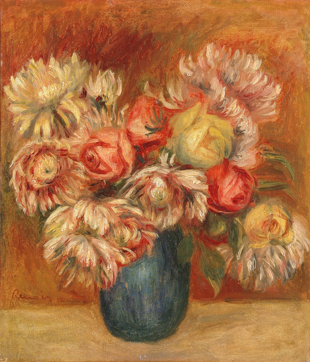 Chryzantémy v zelené váze (olej na plátně) od Pierre Auguste Renoir