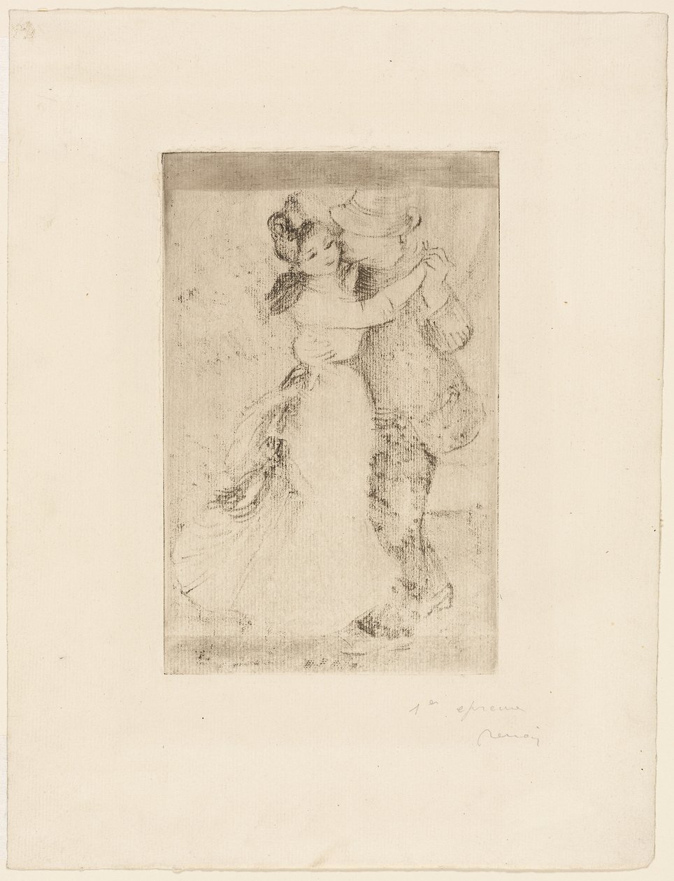 Tanec na venkově, asi 1890 (hnědošedý lept na slonovinovém papíře) od Pierre Auguste Renoir