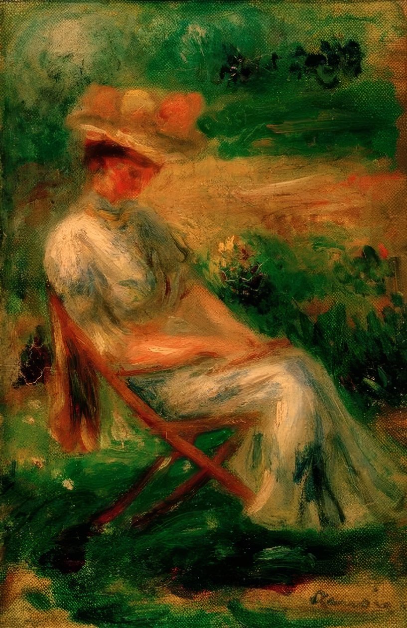 Žena sedí v zahradě od Pierre Auguste Renoir