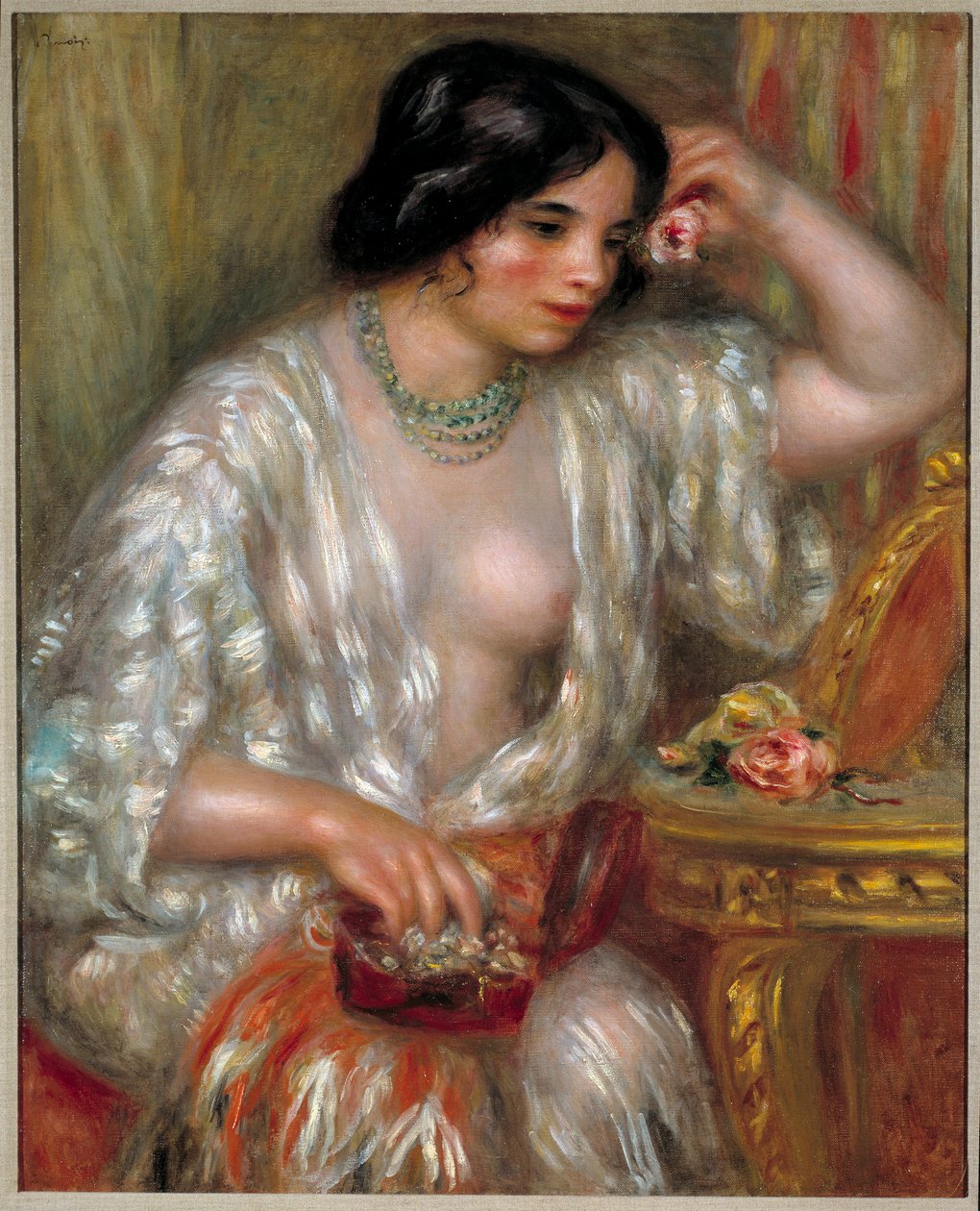 Gabrielle se šperky: Gabrielle Renard, ošetřovatelka umělcova syna. Obraz Pierra Auguste Renoira (1841-1919) od Pierre Auguste Renoir