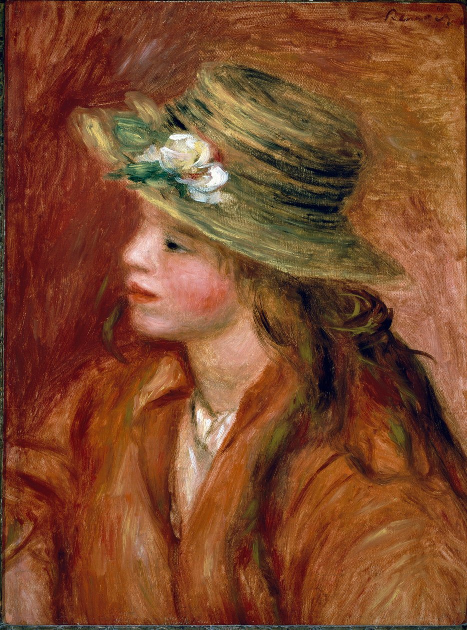 Dívka ve slaměném klobouku. Obraz Pierre Auguste Renoir (Pierre-Auguste od Pierre Auguste Renoir