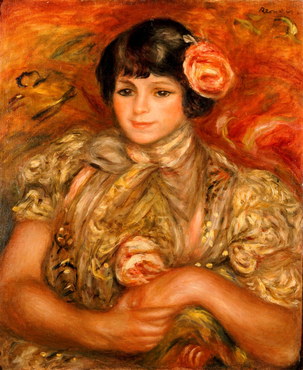 Dívka s růží (olej na plátně) od Pierre Auguste Renoir