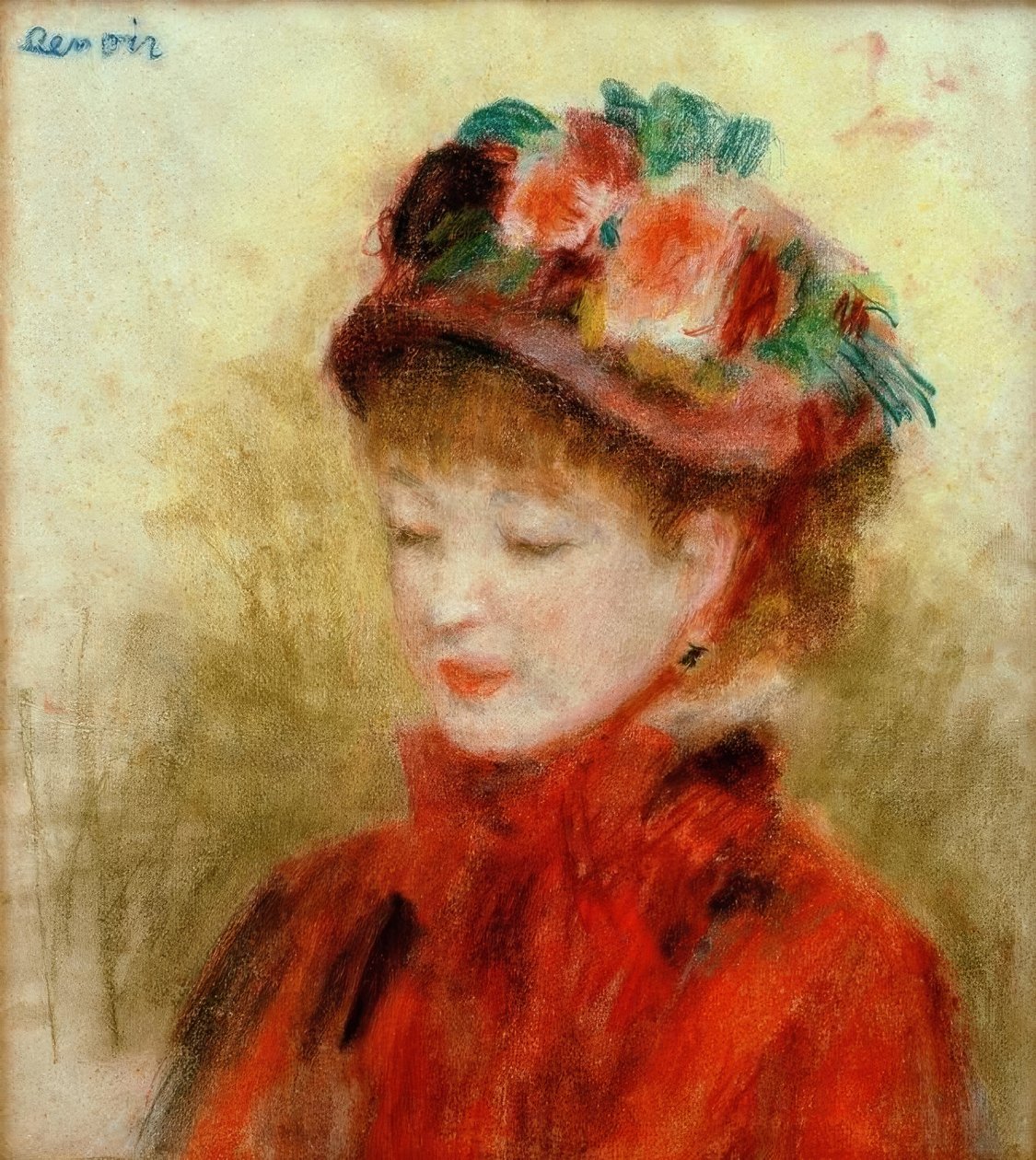 Mladá žena v klobouku s květinami od Pierre Auguste Renoir