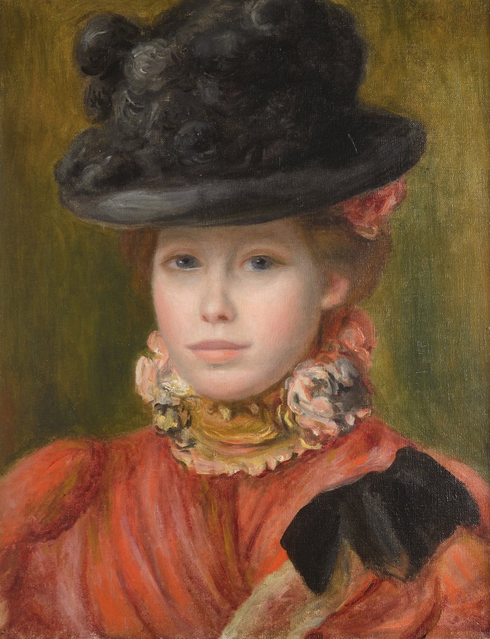 Jeune fille au chapeau noir et fleur rouge - Dívka v černém klobouku s červenými květy par Renoir, Pierre Auguste (1841-1919), c. 1890 - Olej na plátně - Soukromá sbírka od Pierre Auguste Renoir