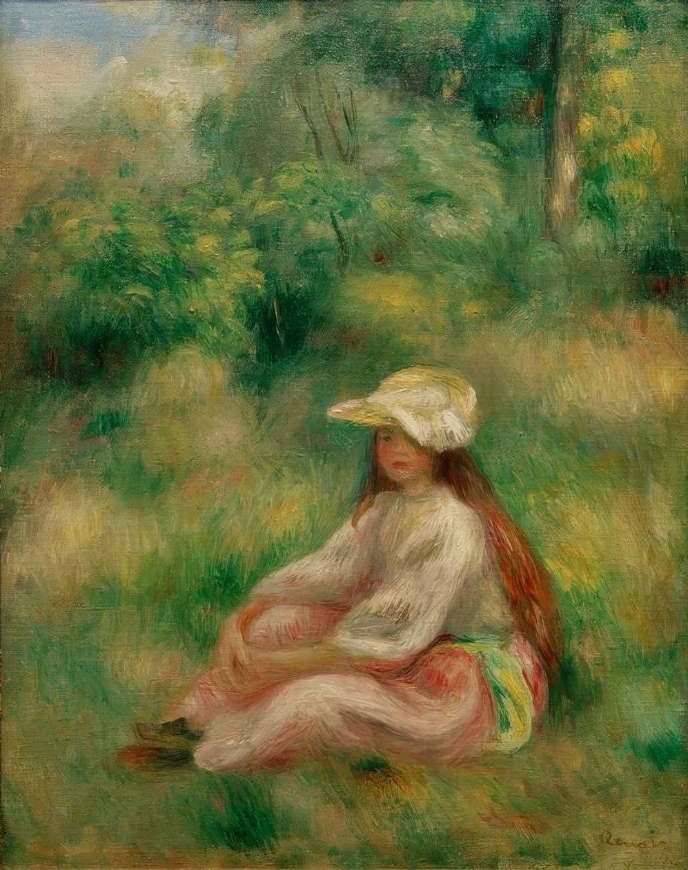 Dívka v růžovém v krajině od Pierre Auguste Renoir