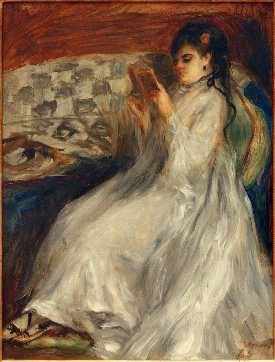 Mladá žena čtení v bílém od Pierre Auguste Renoir