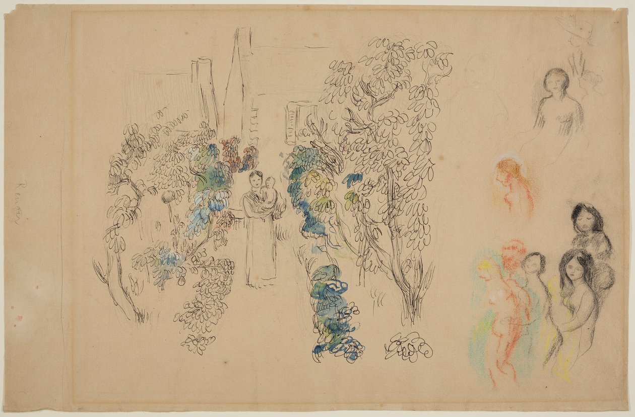 Krajina a postavy (tužka, inkoust, wc a pastelka na papíře) od Pierre Auguste Renoir