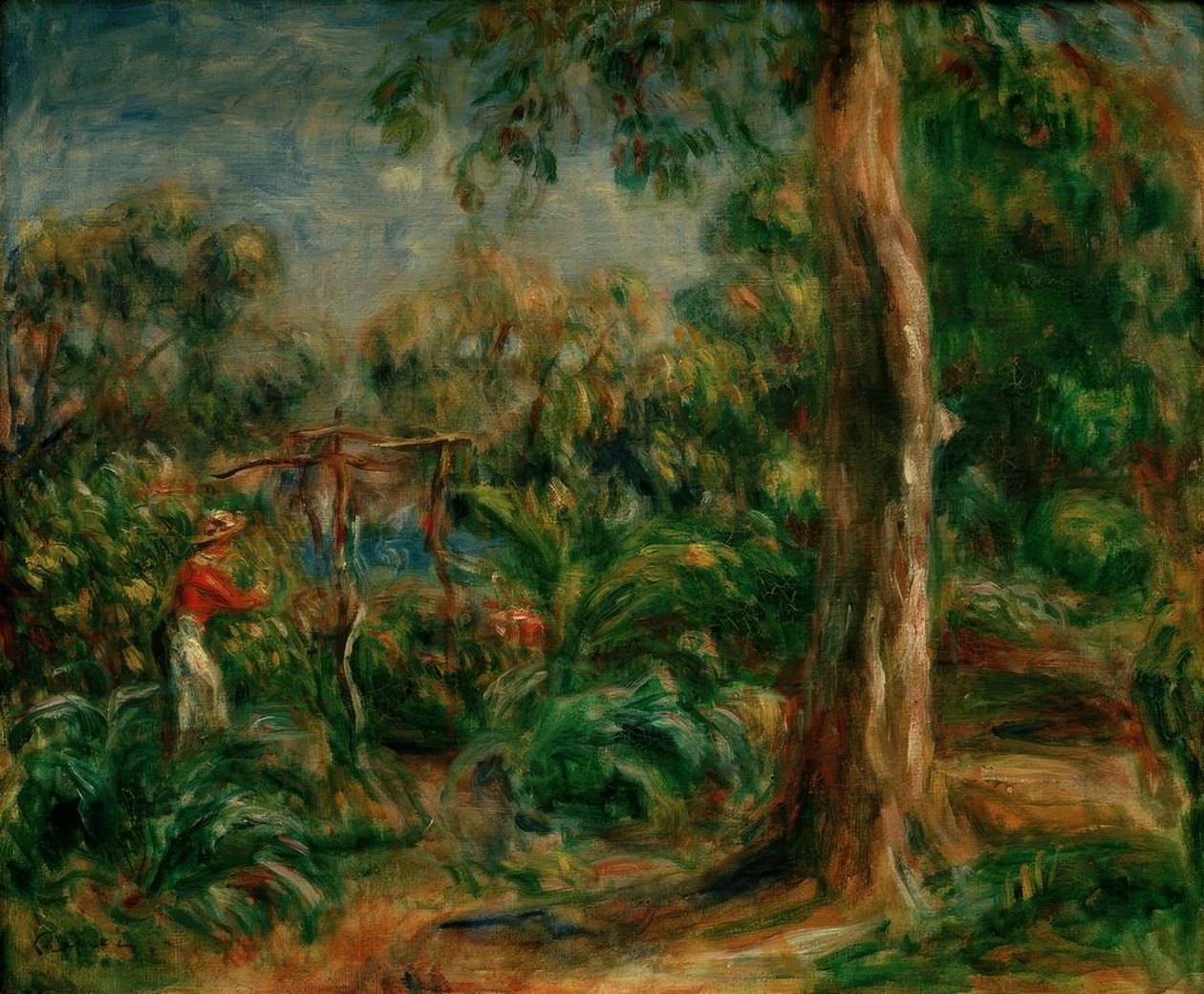 Velký strom. Žena s červeným živůtkem v zahradě Ca od Pierre Auguste Renoir