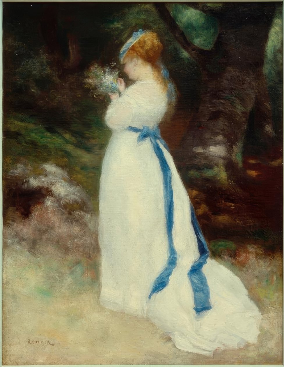 Lise s kyticí květin v poli od Pierre Auguste Renoir