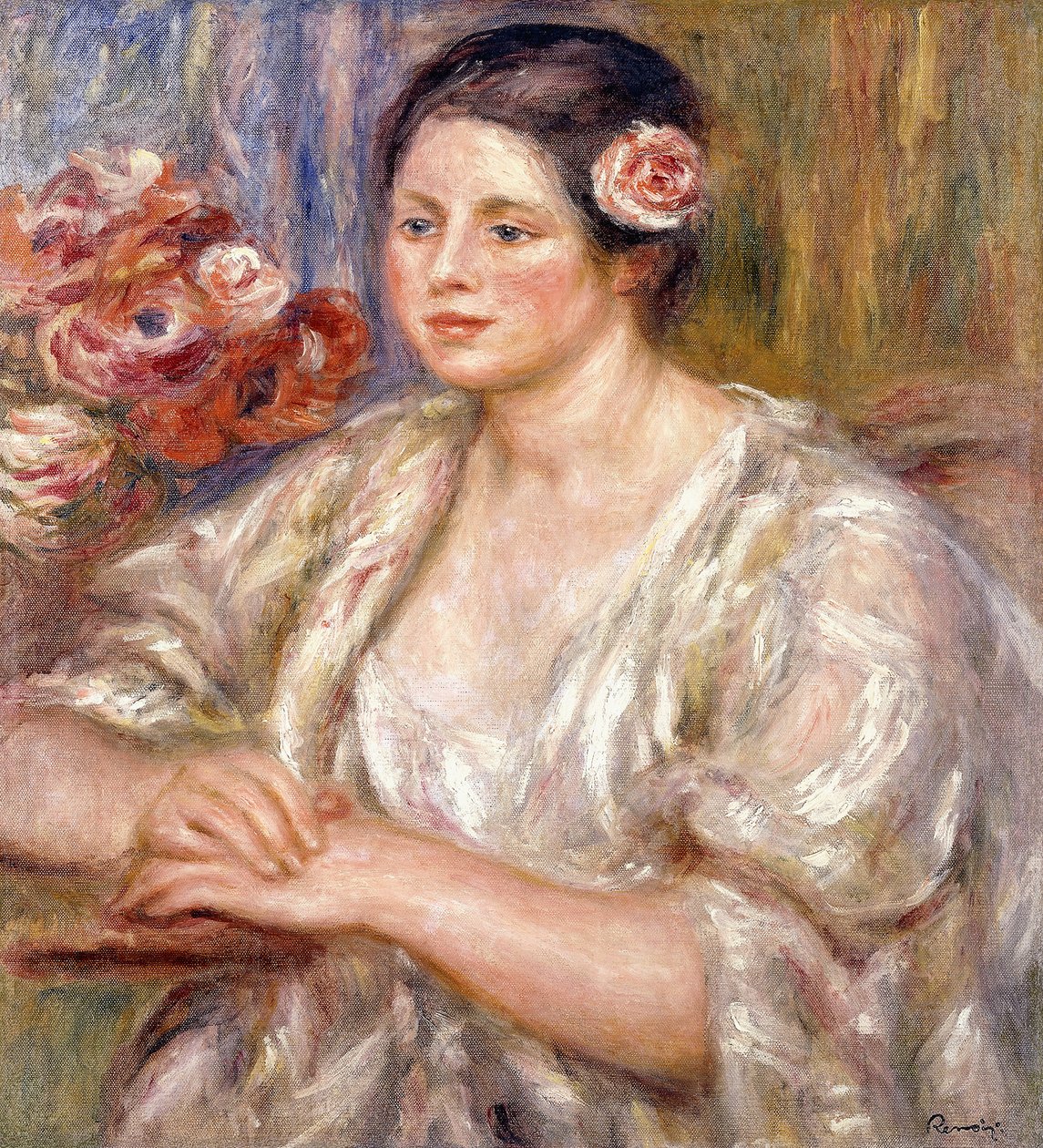 Madeleine v bílé halence a kytici květin, c.1915-1919 od Pierre Auguste Renoir
