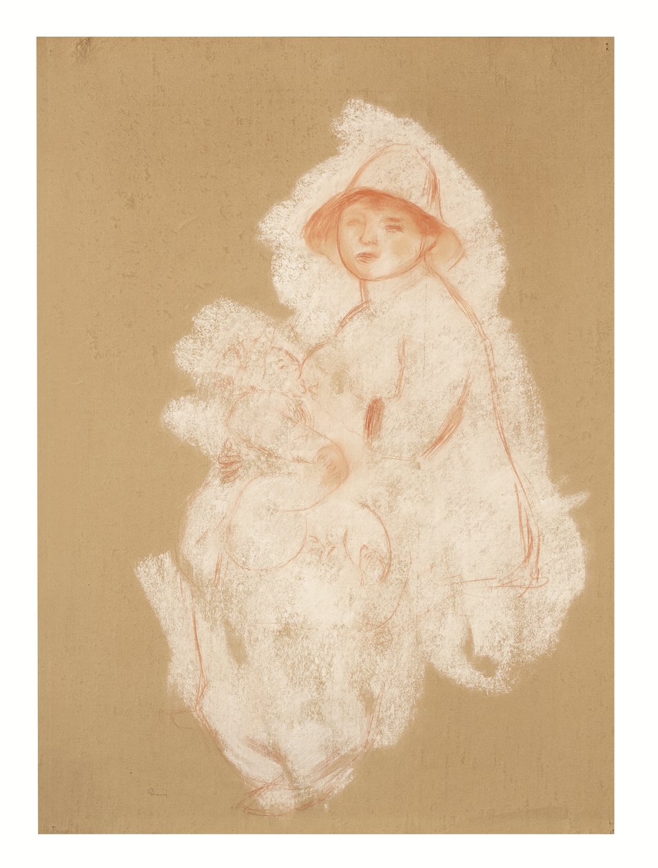 Matka a dítě (mateřství) (sangvina a bílá křída na papíře položeném na plátně) od Pierre Auguste Renoir