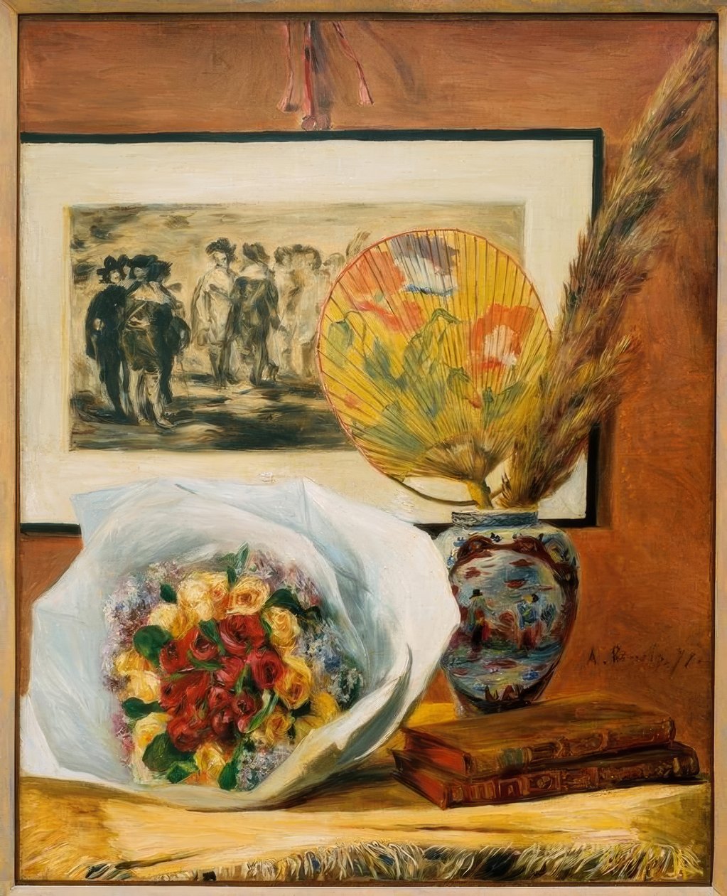 Zátiší s kyticí a vějířem od Pierre Auguste Renoir