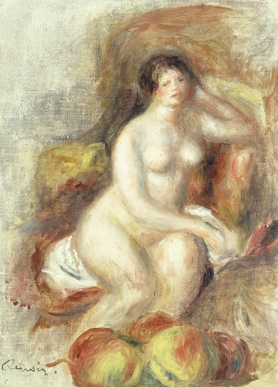 Nahá žena sedící s jablky; Sedící nahá žena a jablka, kolem roku 1908 od Pierre Auguste Renoir