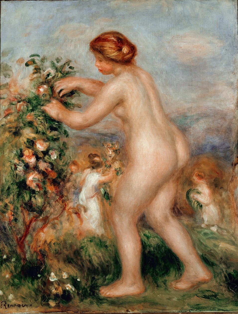Óda na květiny. Nahá žena ceuillating růže má růžový strom. Obraz Pierre Auguste Renoir (Pierre-Auguste od Pierre Auguste Renoir