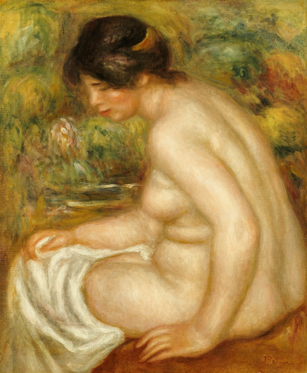 Boční pohled na sedícího koupajícího se od Pierre Auguste Renoir
