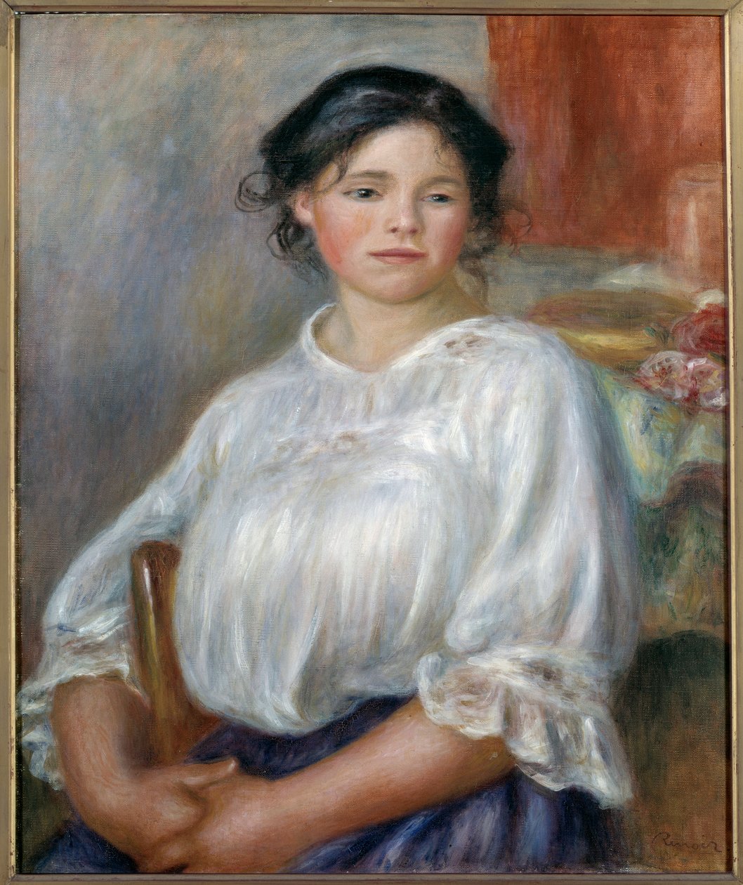 Sedící mladá dívka. Kolem roku 1909. Obraz Pierre Auguste Renoir (1841-1919) od Pierre Auguste Renoir