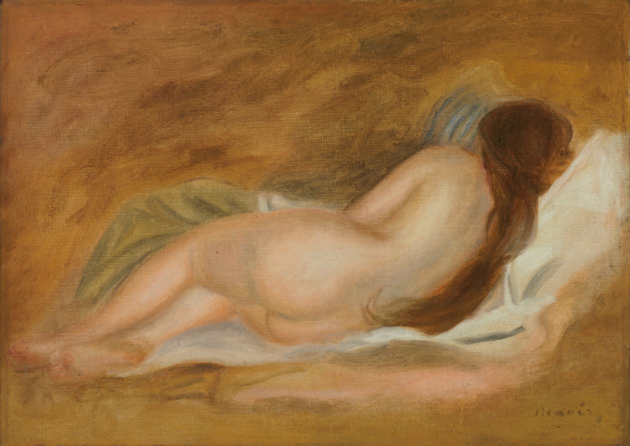 Spící akt, Pohled zezadu, Okrové Pozadí; Nahý gauč, při pohledu zezadu, na okrovém pozadí, c.1885 od Pierre Auguste Renoir