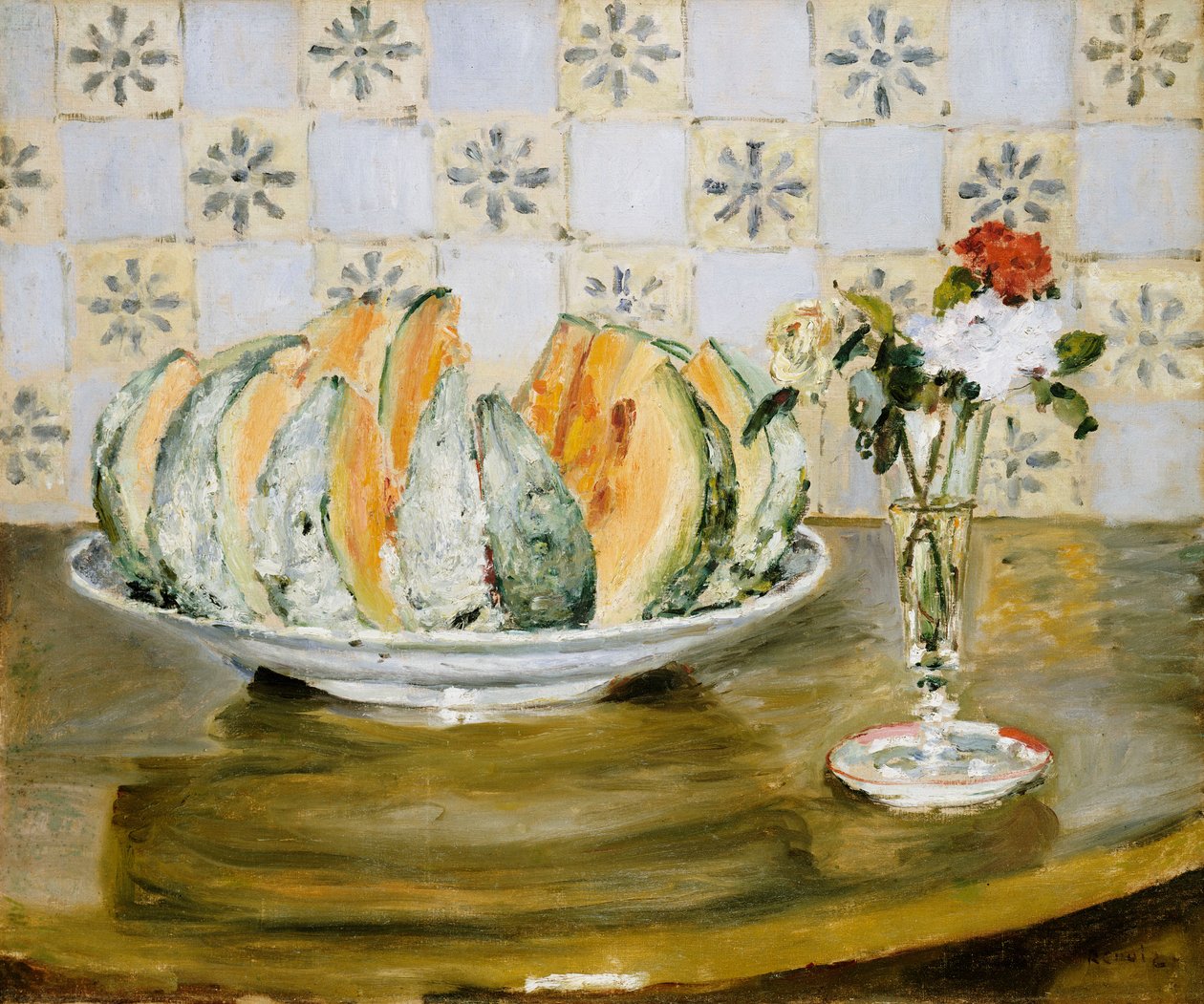 Zátiší s melounem a vázou s květinami, kolem roku 1872 od Pierre Auguste Renoir