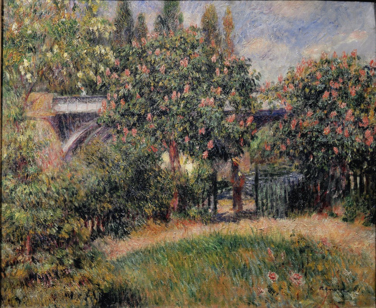 Železniční most v Chatou aneb růžové kaštany - 1881. Olej na plátně od Pierre Auguste Renoir