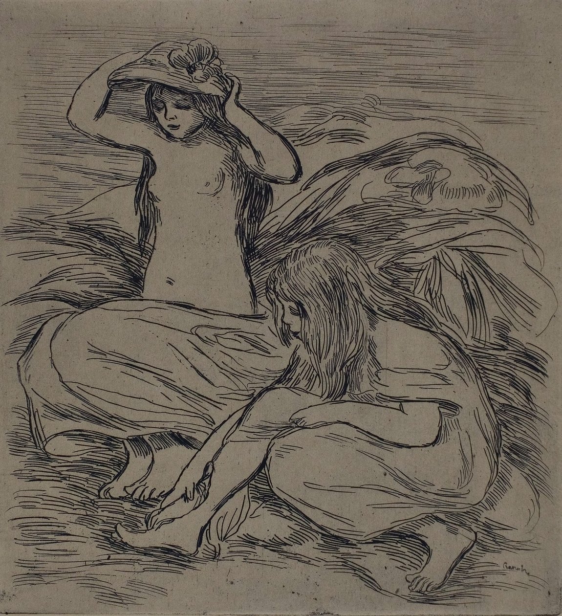 Dvě koupající se ženy, asi 1895 (lept na hnědém papíře) od Pierre Auguste Renoir