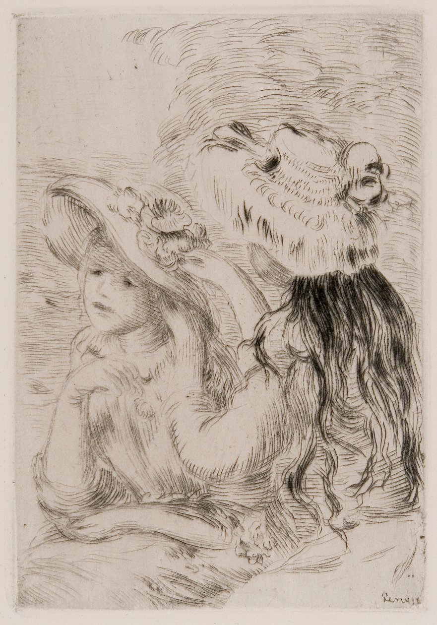 Dvě mladé dívky, které si připínají květiny na klobouky, c1897. od Pierre Auguste Renoir