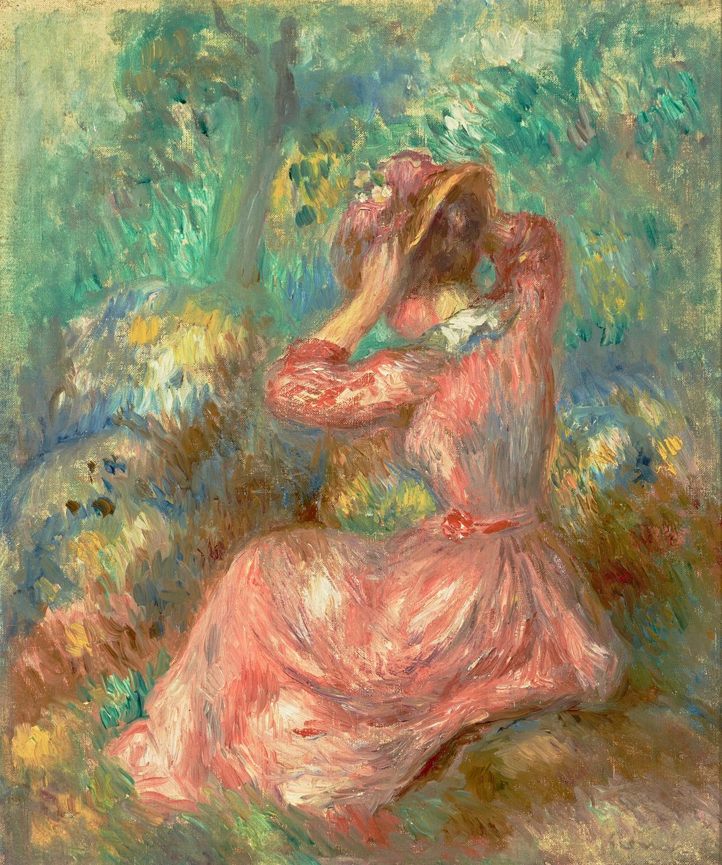 Žena upravující si klobouk 1890 (olej na plátně) od Pierre Auguste Renoir