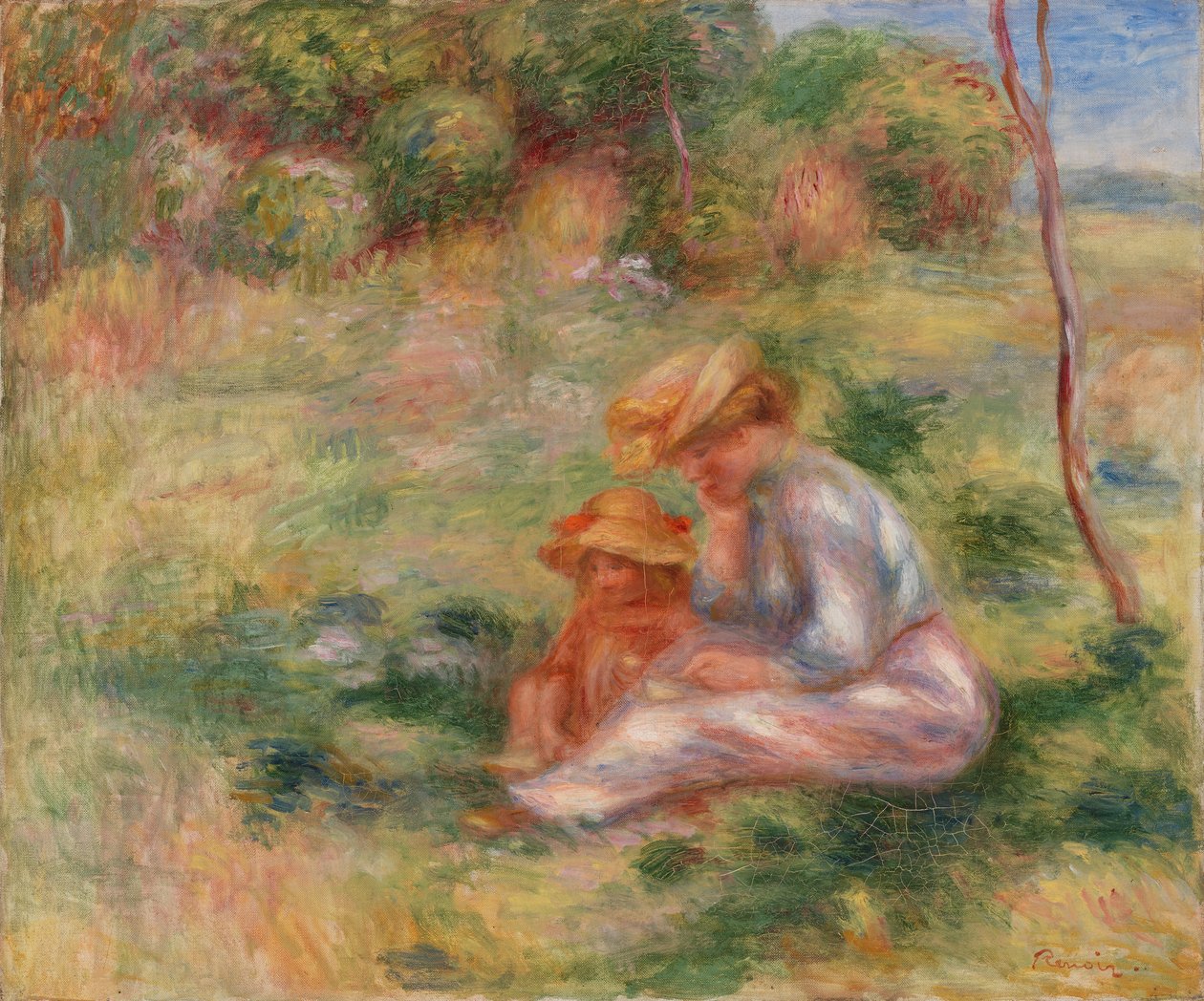 Žena a dítě v trávě od Pierre Auguste Renoir