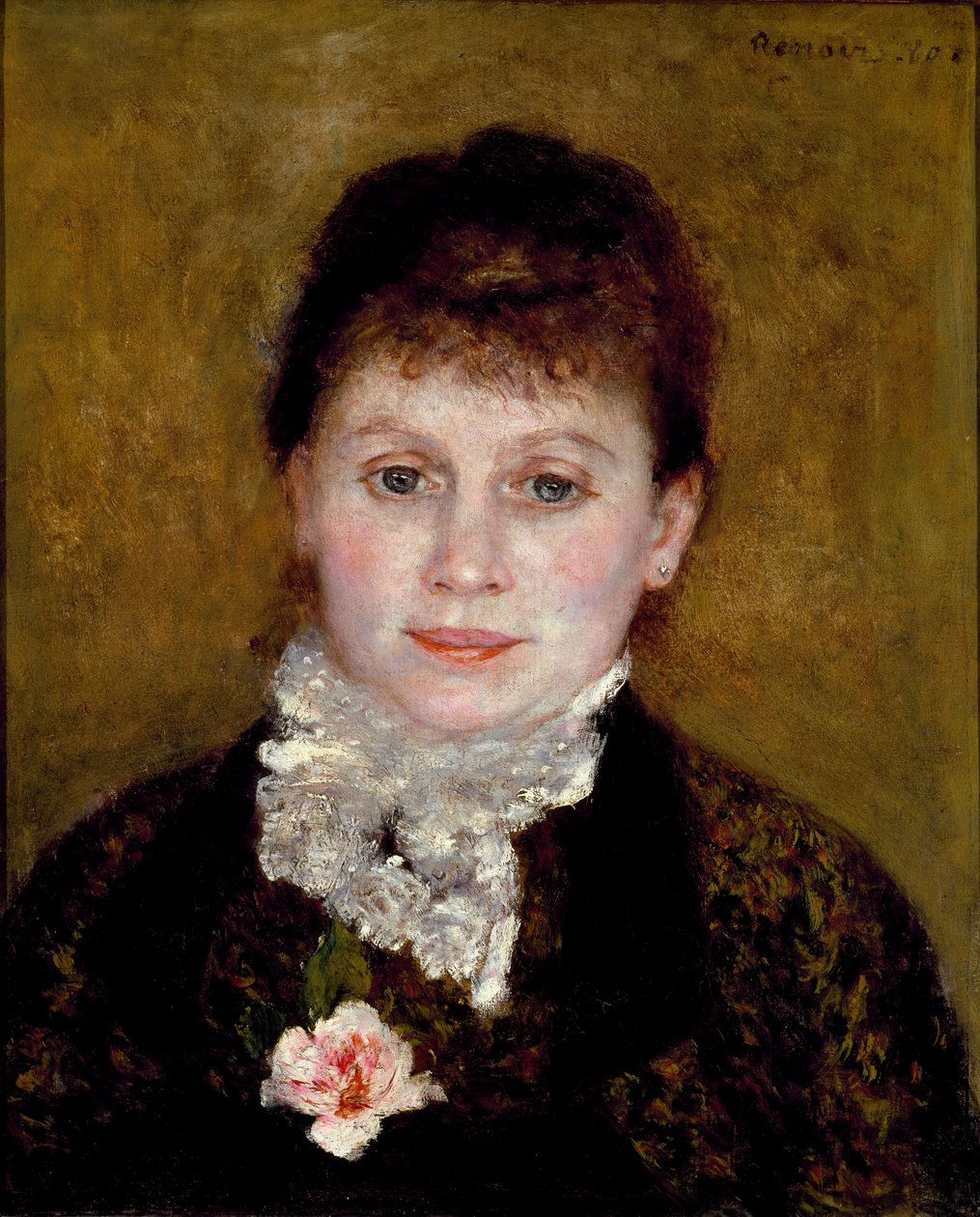 Žena má bílý límeček. Portrét ženy s růží od Pierre Auguste Renoir