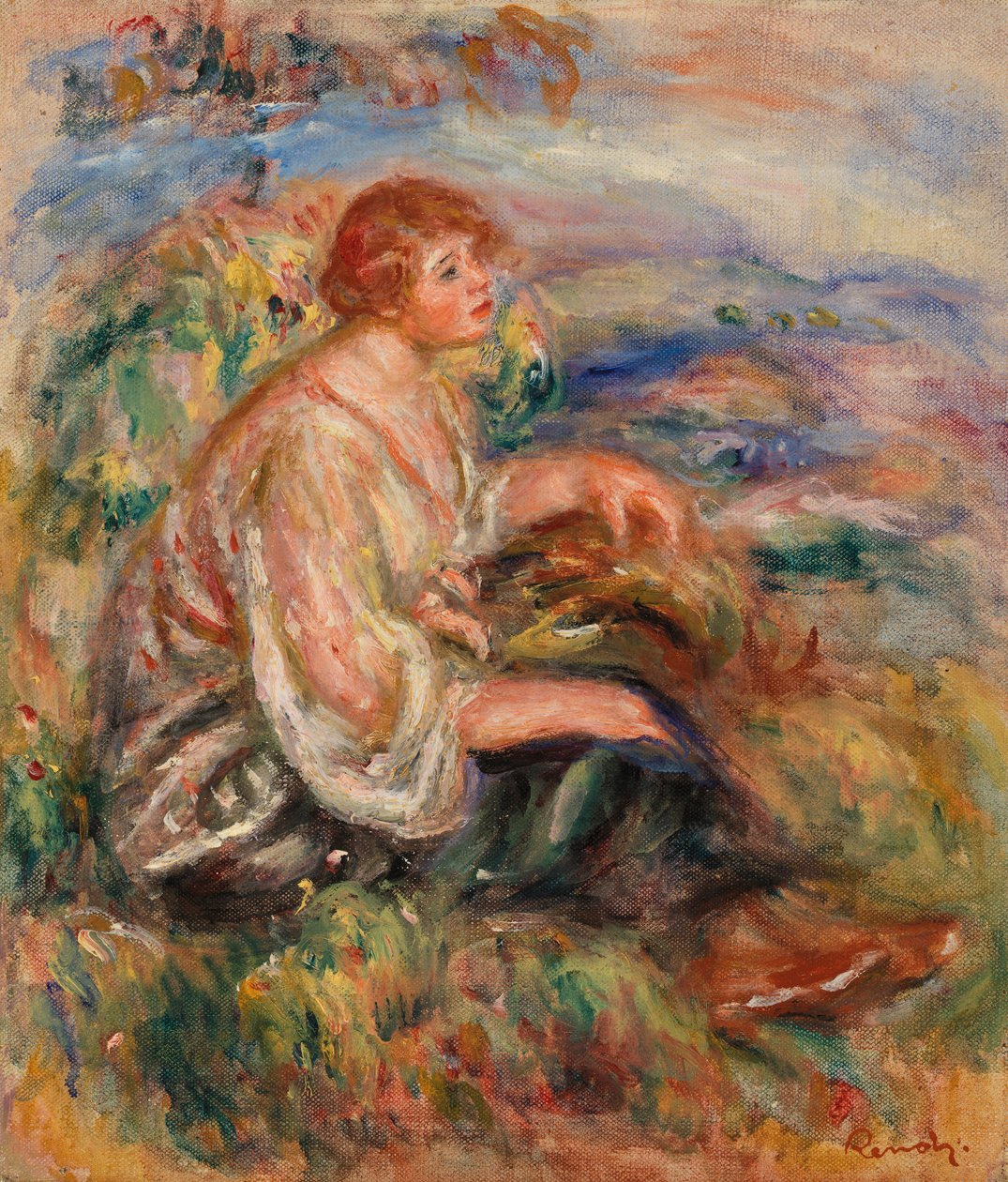 Žena v tylové halence a černé sukni od Pierre Auguste Renoir