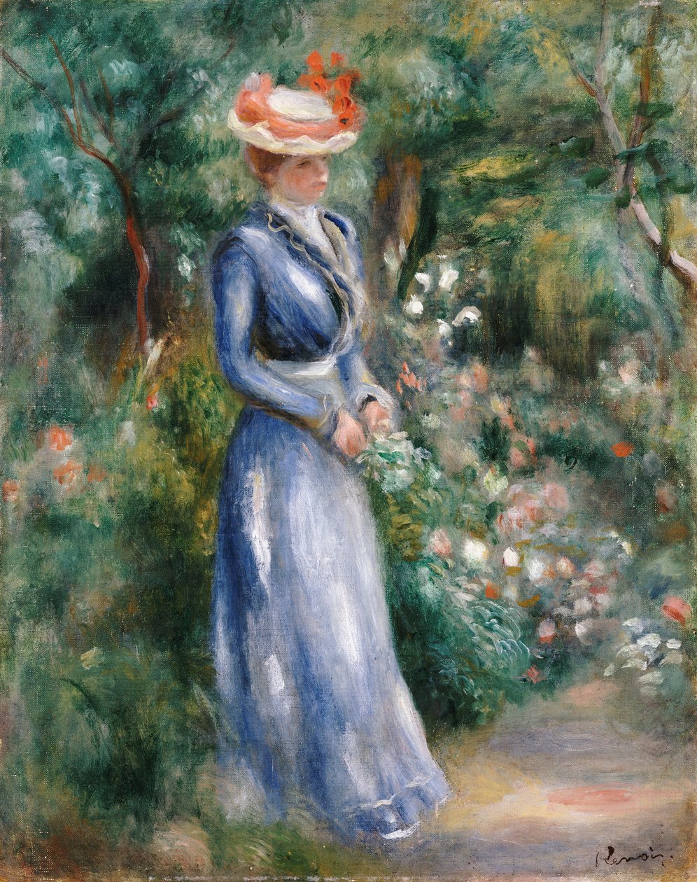 Žena v modrých šatech stojící v zahradě v Saint-Cloud od Pierre Auguste Renoir