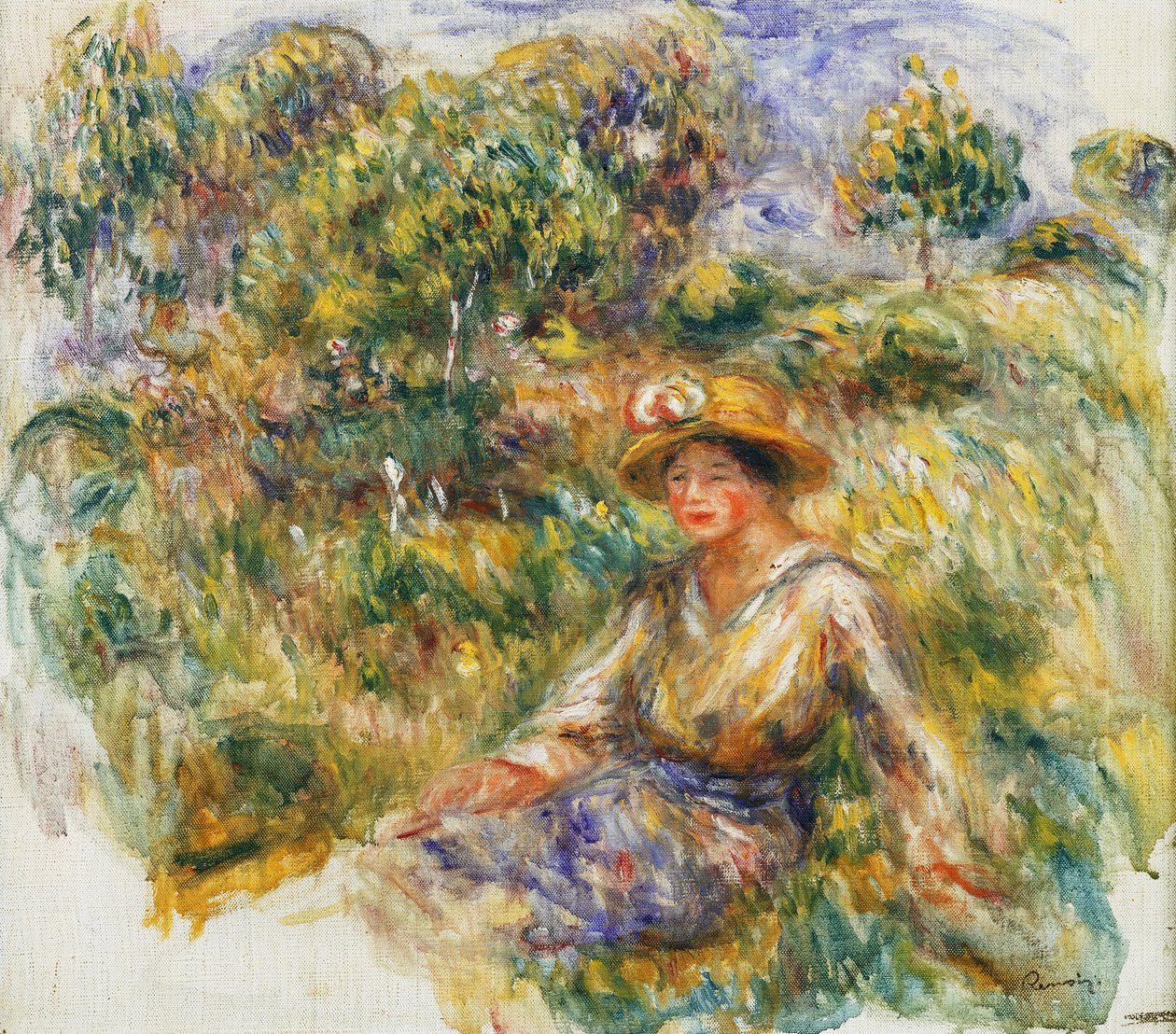 Žena v modrém klobouku sedí na trávě; Žena v modrém v klobouku sedící na trávě, c.1916 od Pierre Auguste Renoir