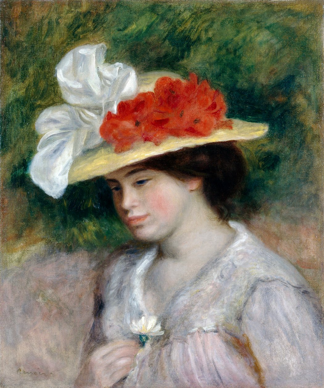 Žena v květovaném klobouku, 1889 od Pierre Auguste Renoir
