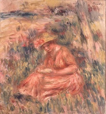 Žena sedí na trávě od Pierre Auguste Renoir