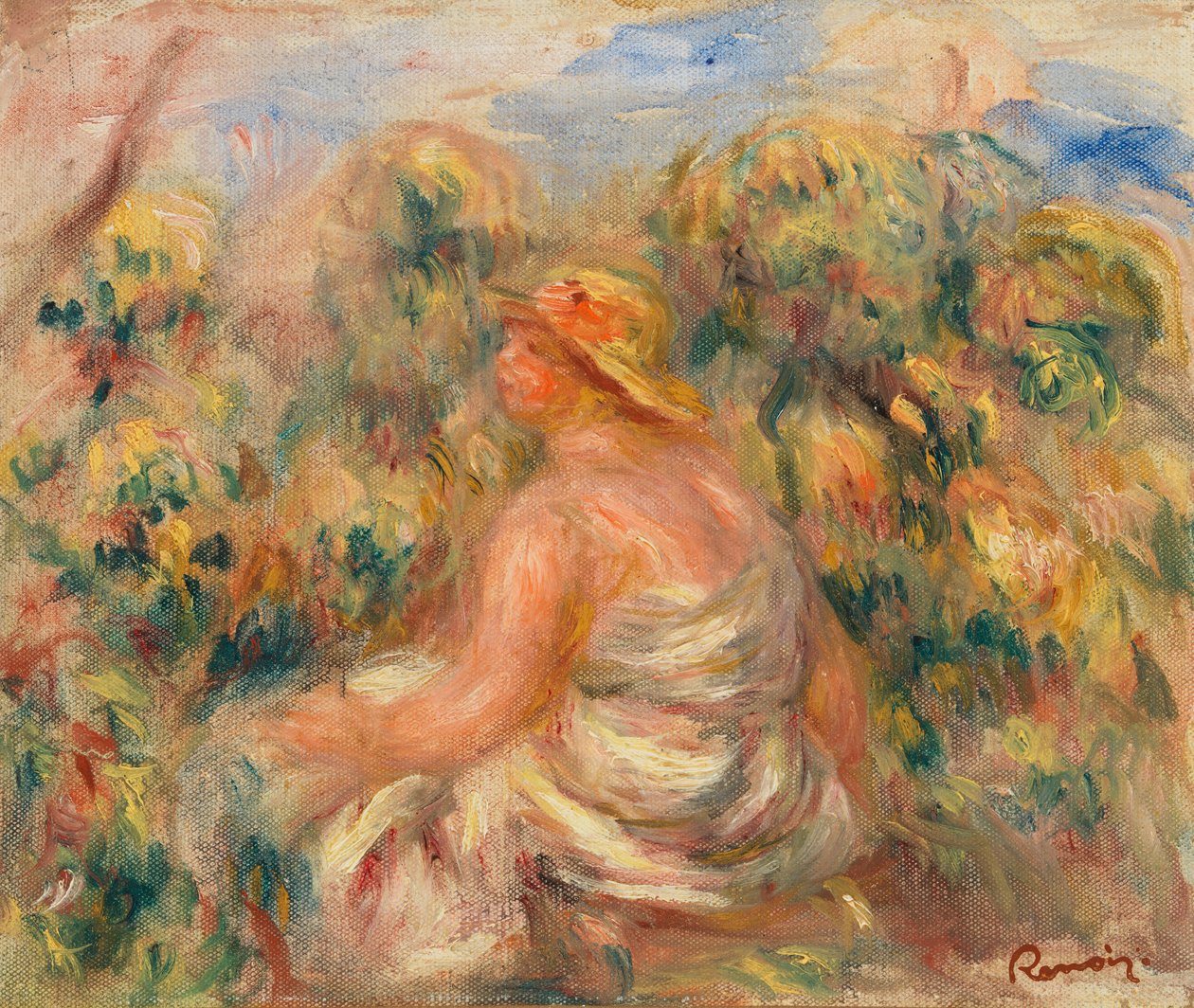 Žena s kloboukem v krajině od Pierre Auguste Renoir