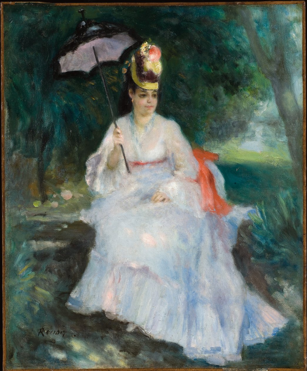 Žena se slunečníkem sedí v zahradě (Lise Trehot) od Pierre Auguste Renoir