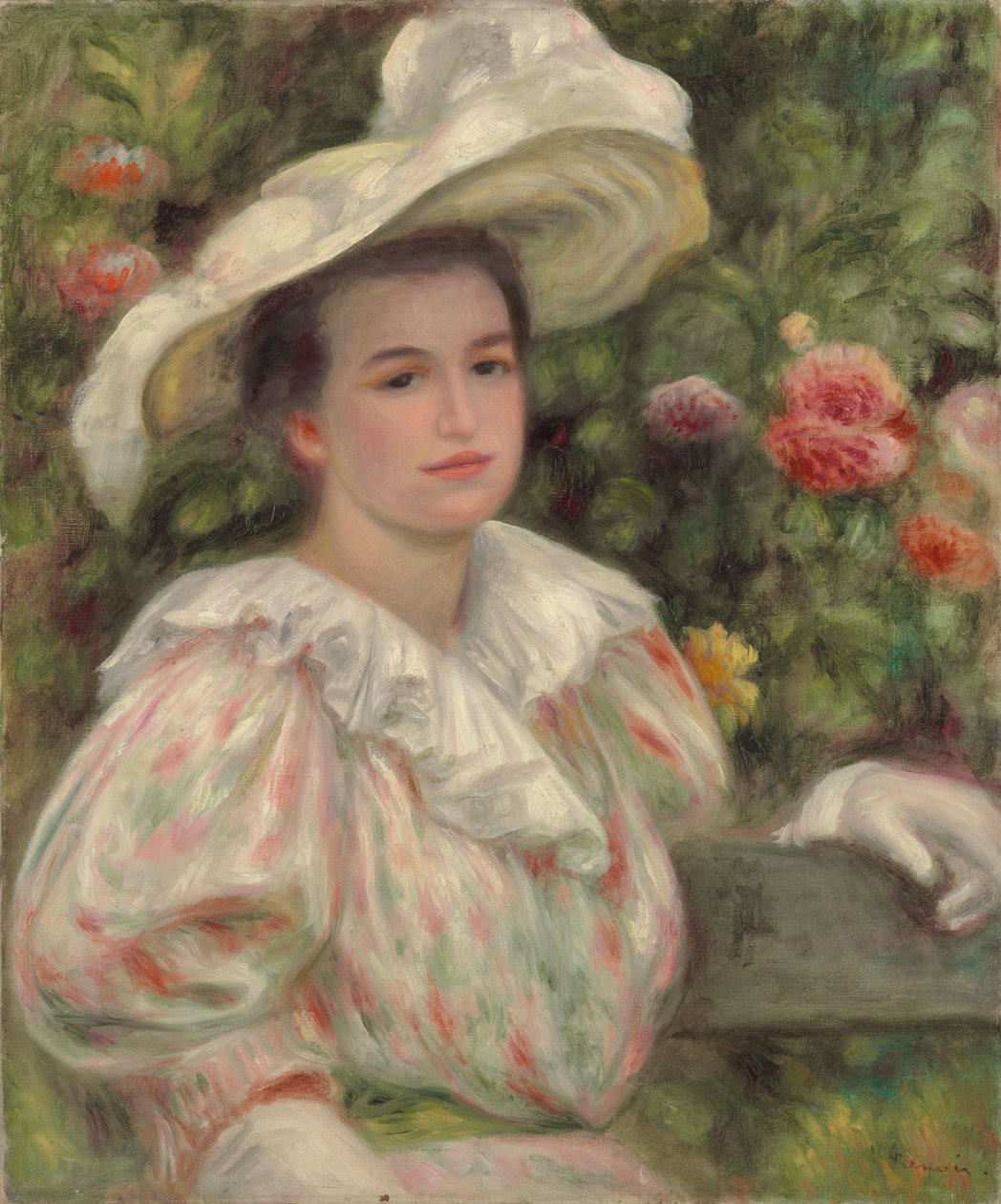 Mladá dívka mezi květinami nebo žena s bílým kloboukem; Mladá dívka ve zlatých květech Žena v bílém klobouku, c.1895 od Pierre Auguste Renoir