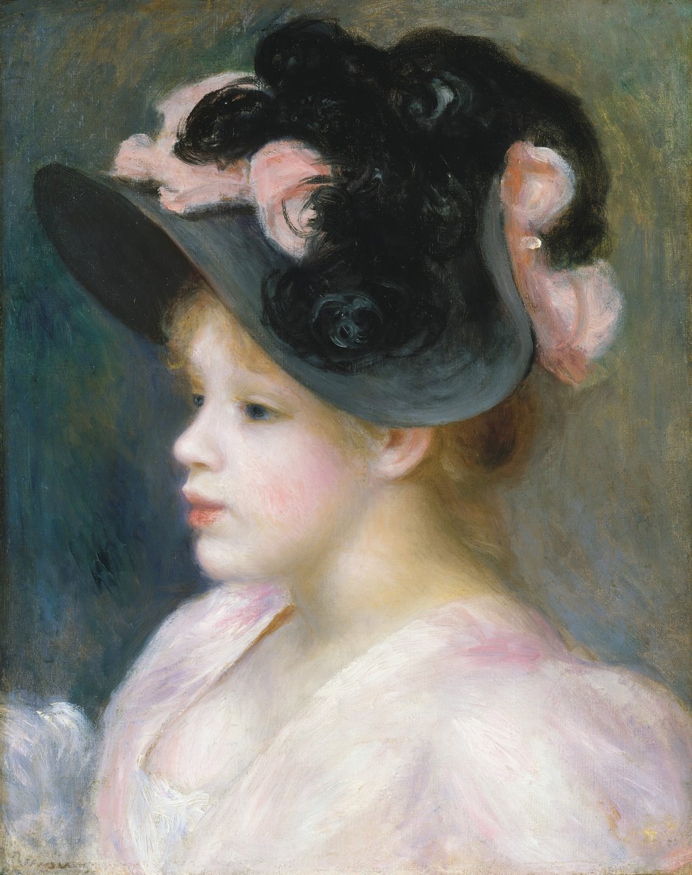 Mladá dívka v růžovo-černém klobouku, ca. 1891. od Pierre Auguste Renoir