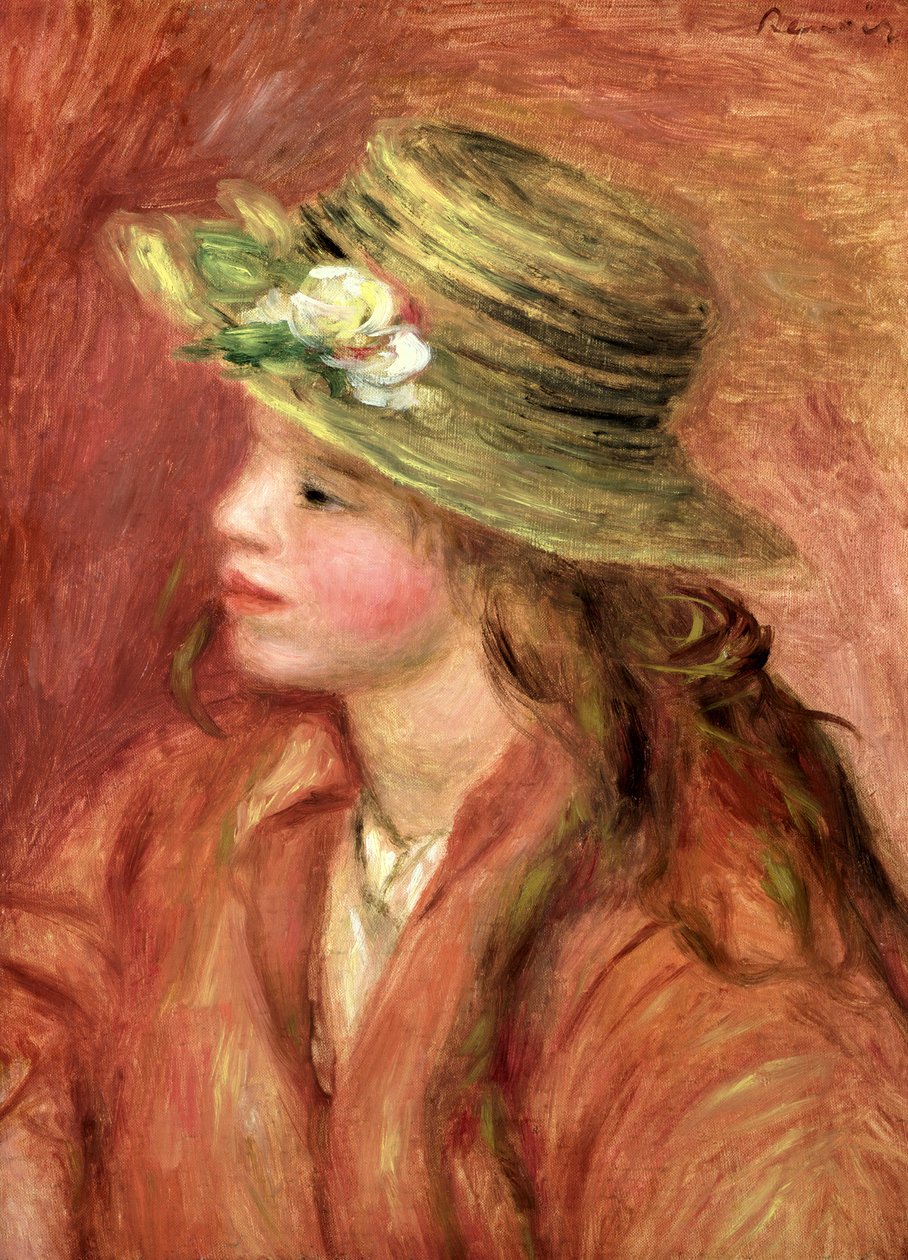 Mladá dívka ve slaměném klobouku, kolem roku 1908 od Pierre Auguste Renoir