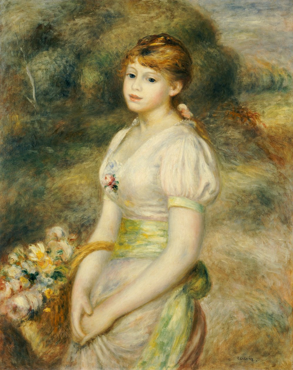 Mladá dívka s košíkem květin (olej na plátně) od Pierre Auguste Renoir