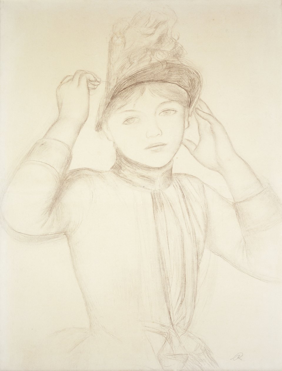 Mladá žena uspořádání její klobouk; Mladá dívka si upravuje klobouk, kolem roku 1885 od Pierre Auguste Renoir
