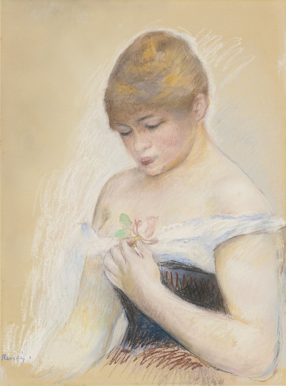 Mladá žena Drží Květinu. Portrét herečky Jeanne Samary, c. 1880 od Pierre Auguste Renoir