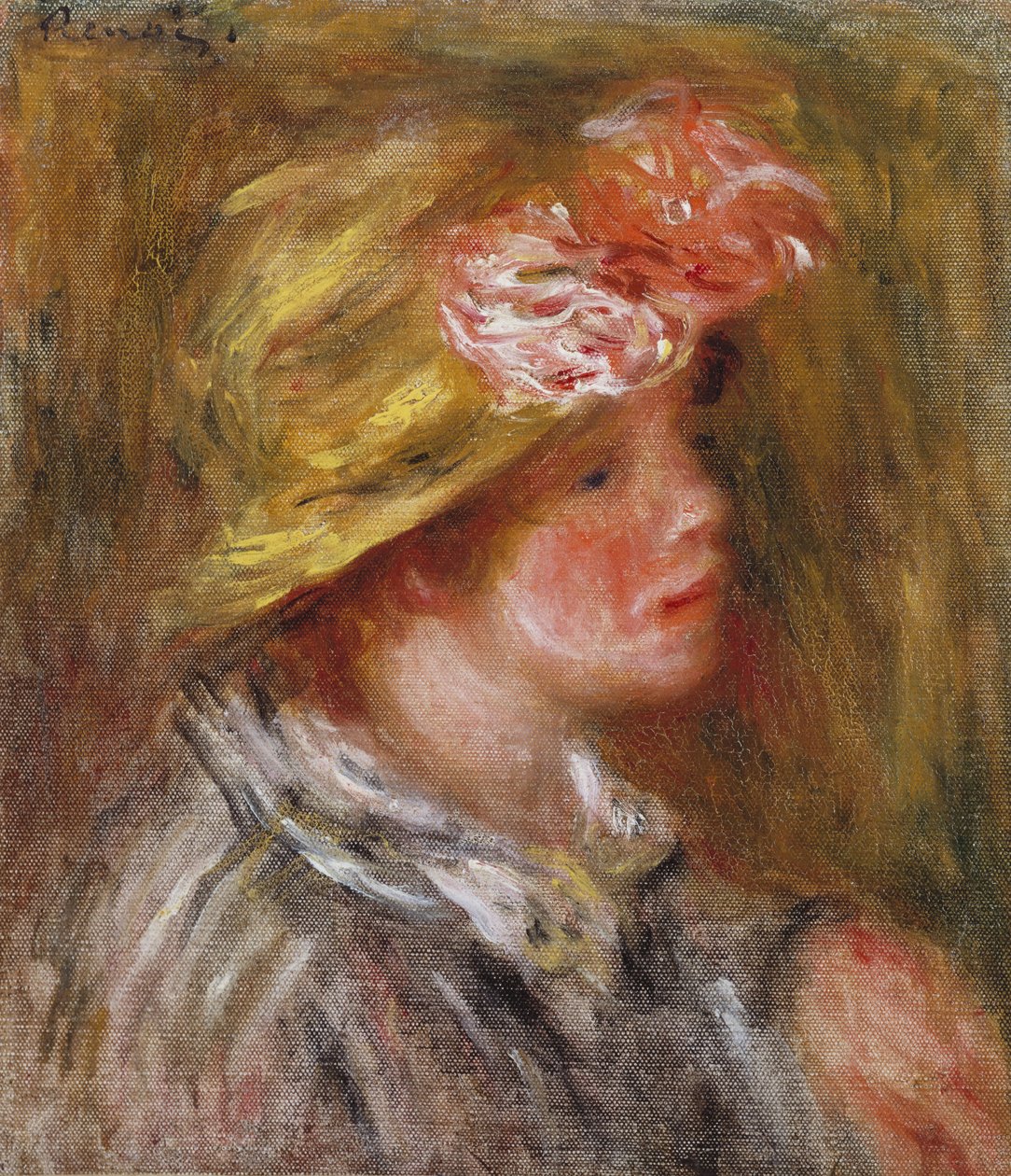 Mladá žena v květovaném klobouku od Pierre Auguste Renoir