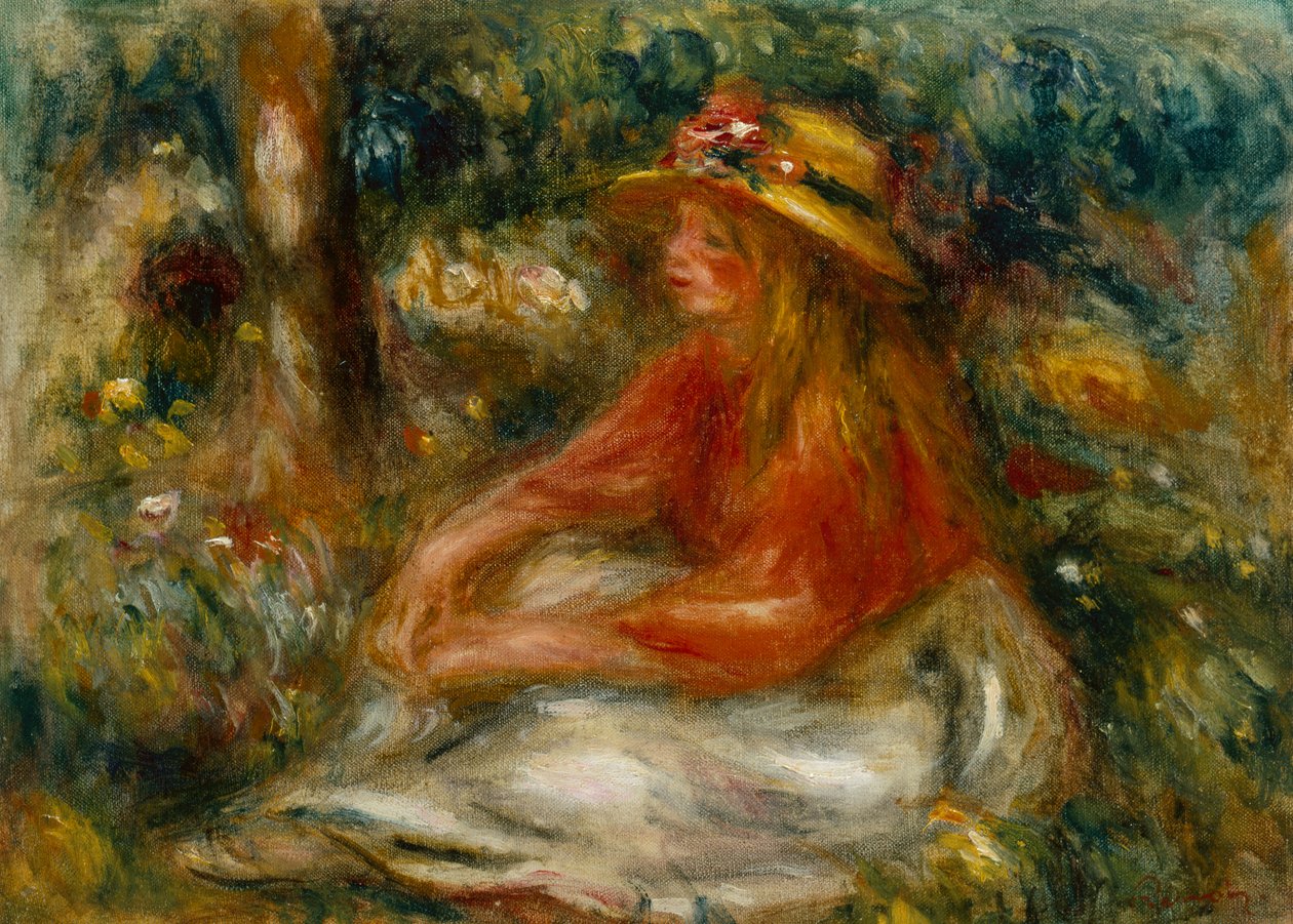 Mladá žena sedící na trávě (olej na plátně) od Pierre Auguste Renoir