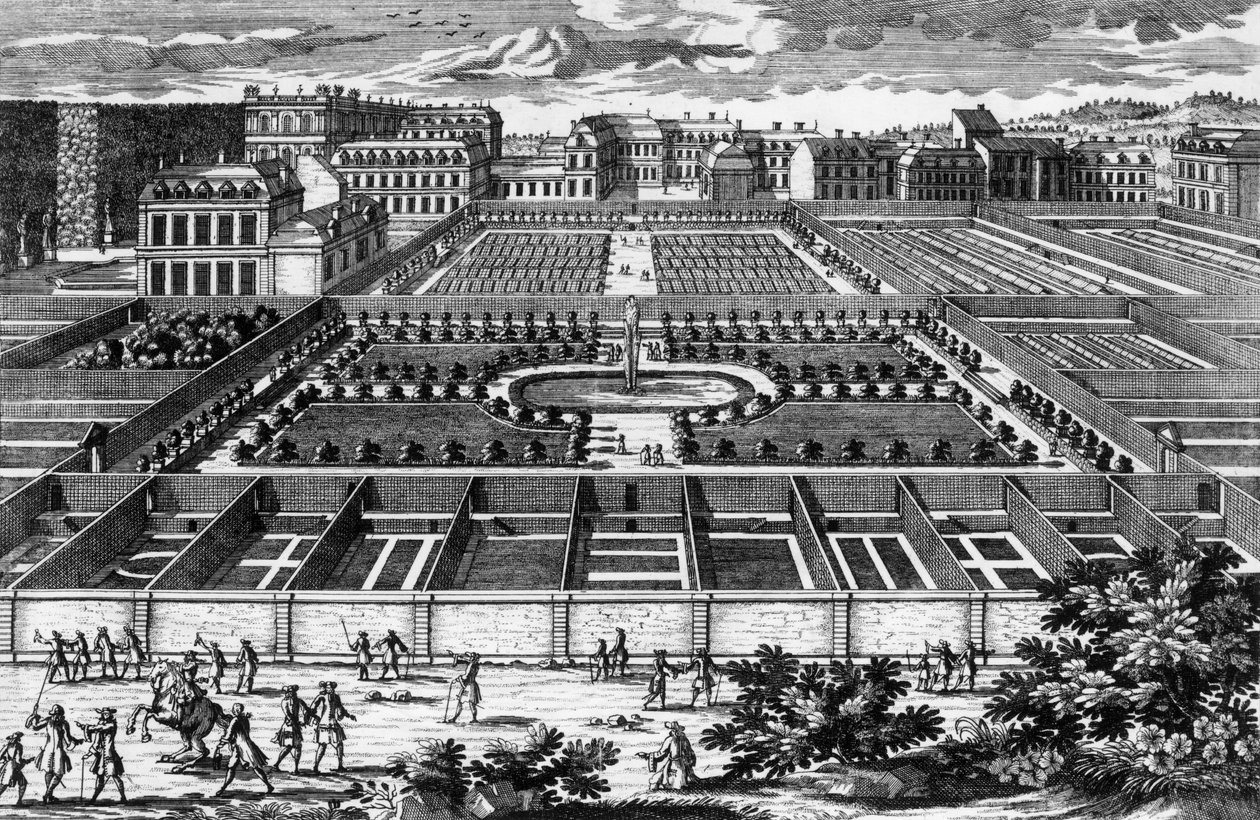 Pohled na kuchyňskou zahradu ve Versailles v době Ludvíka XIV., rytina Aveline od Pierre Aveline