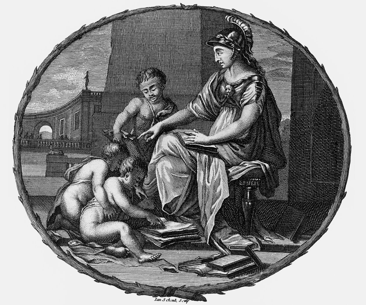 Ženská alegorie rozumu a tvořivosti obklopená dětmi,1695-1697 (rytina) od Pierre Bayle