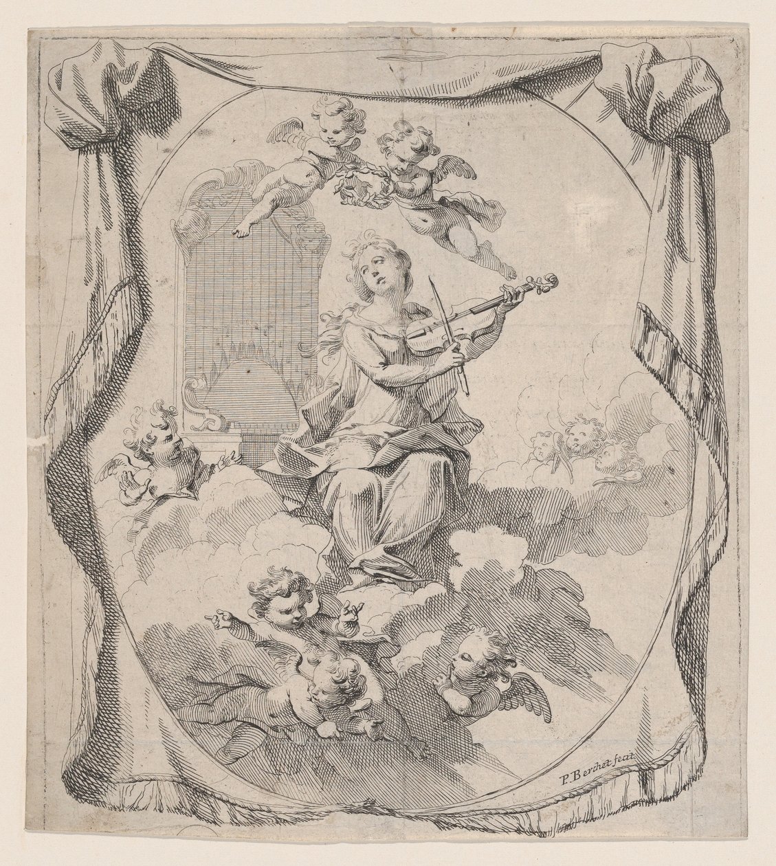 Svatá Cecílie na oblacích podporovaných anděly, 1696., 1696. od Pierre Berchet