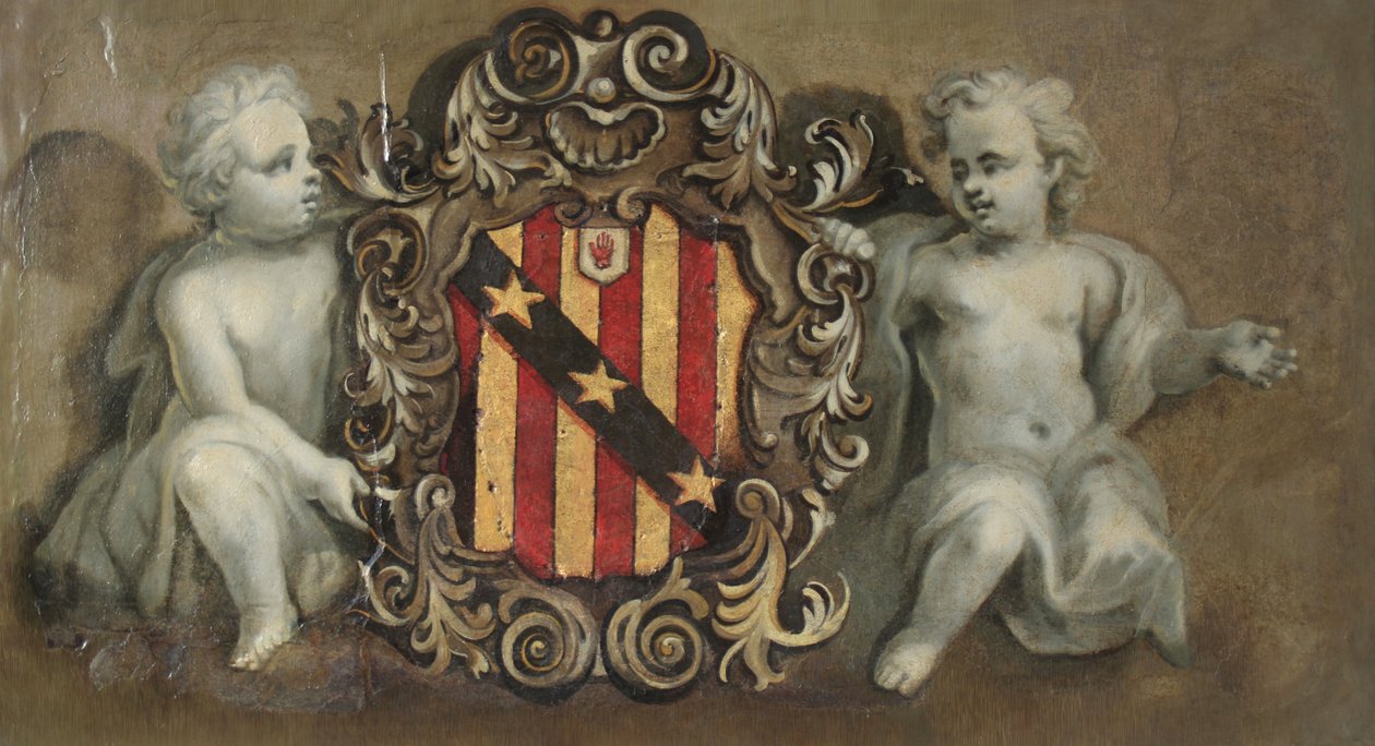 Dva putti nesoucí kartuš s rameny Elton, cca 1710-20 (olej na sádře) od Pierre Berchet