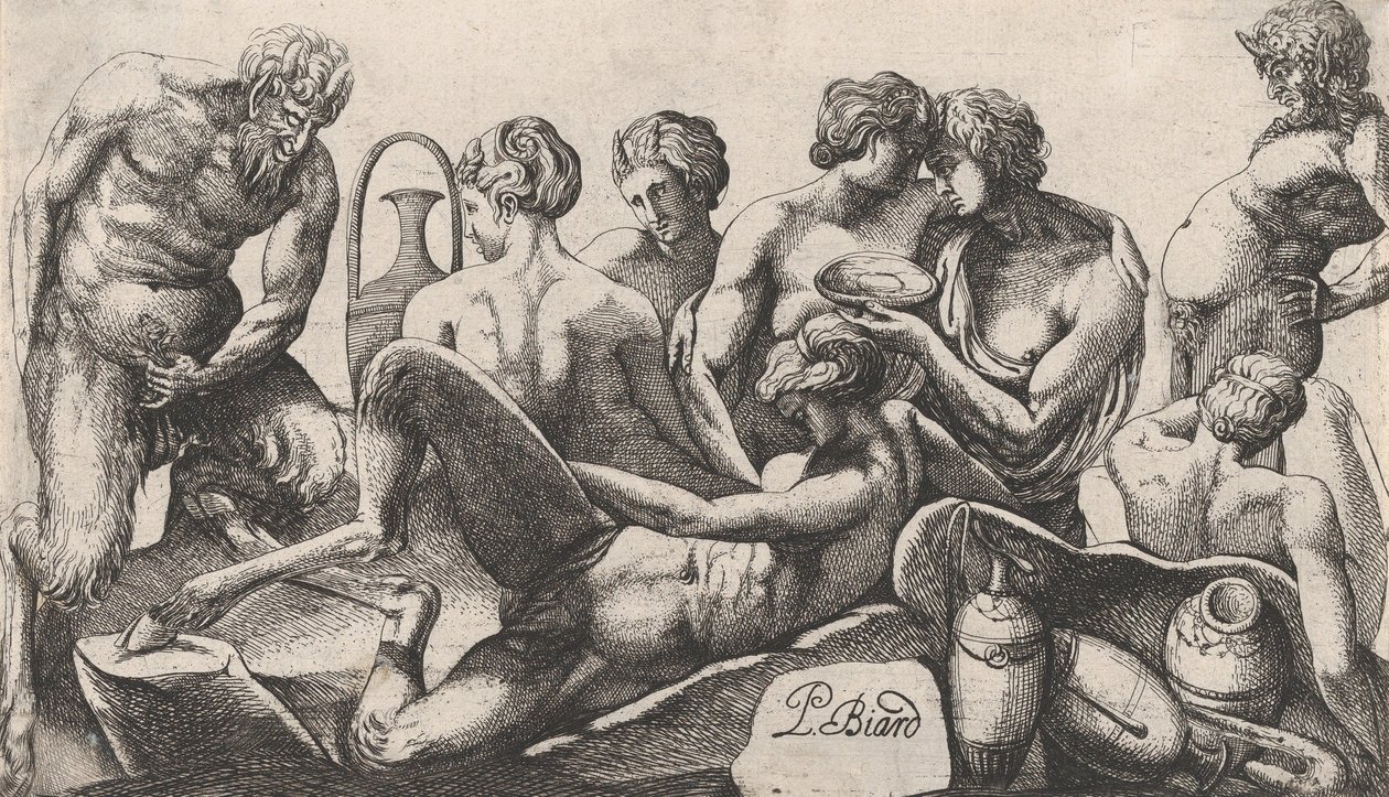 Osm satyrů a satyresek dokončujících jídlo, 1607-61. od Pierre Biard