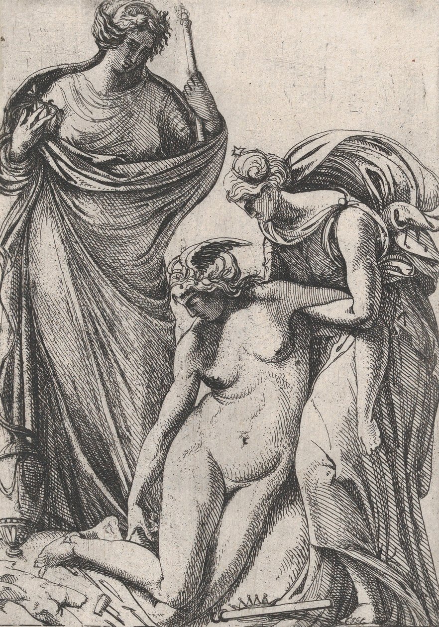 Studie podporující omdlévající personifikaci Sochařství, stojícího vedle nich, Fran..., 1607-61. od Pierre Biard
